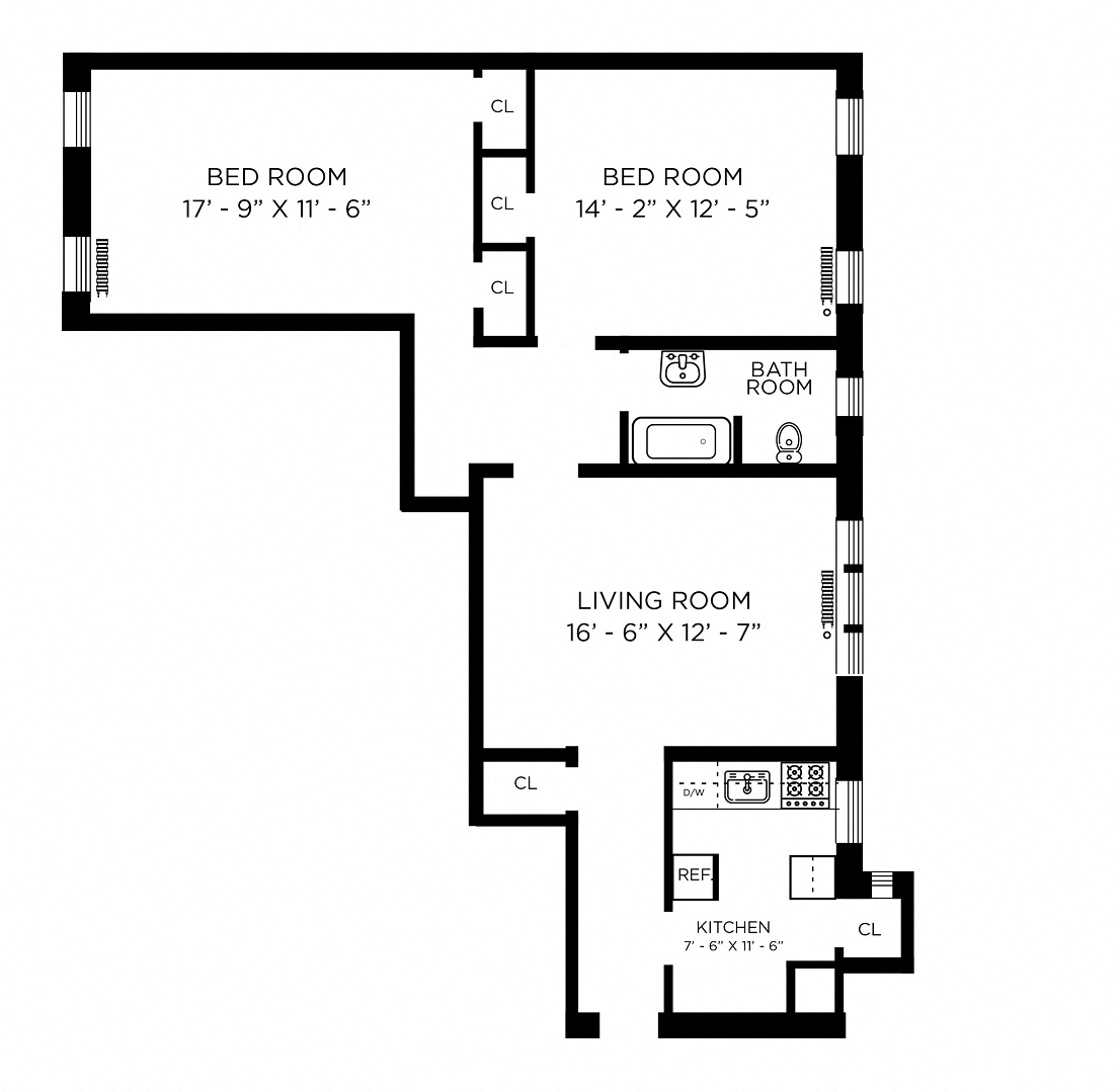 Floor plan for 2 beds, 1 bath, 989 sqft